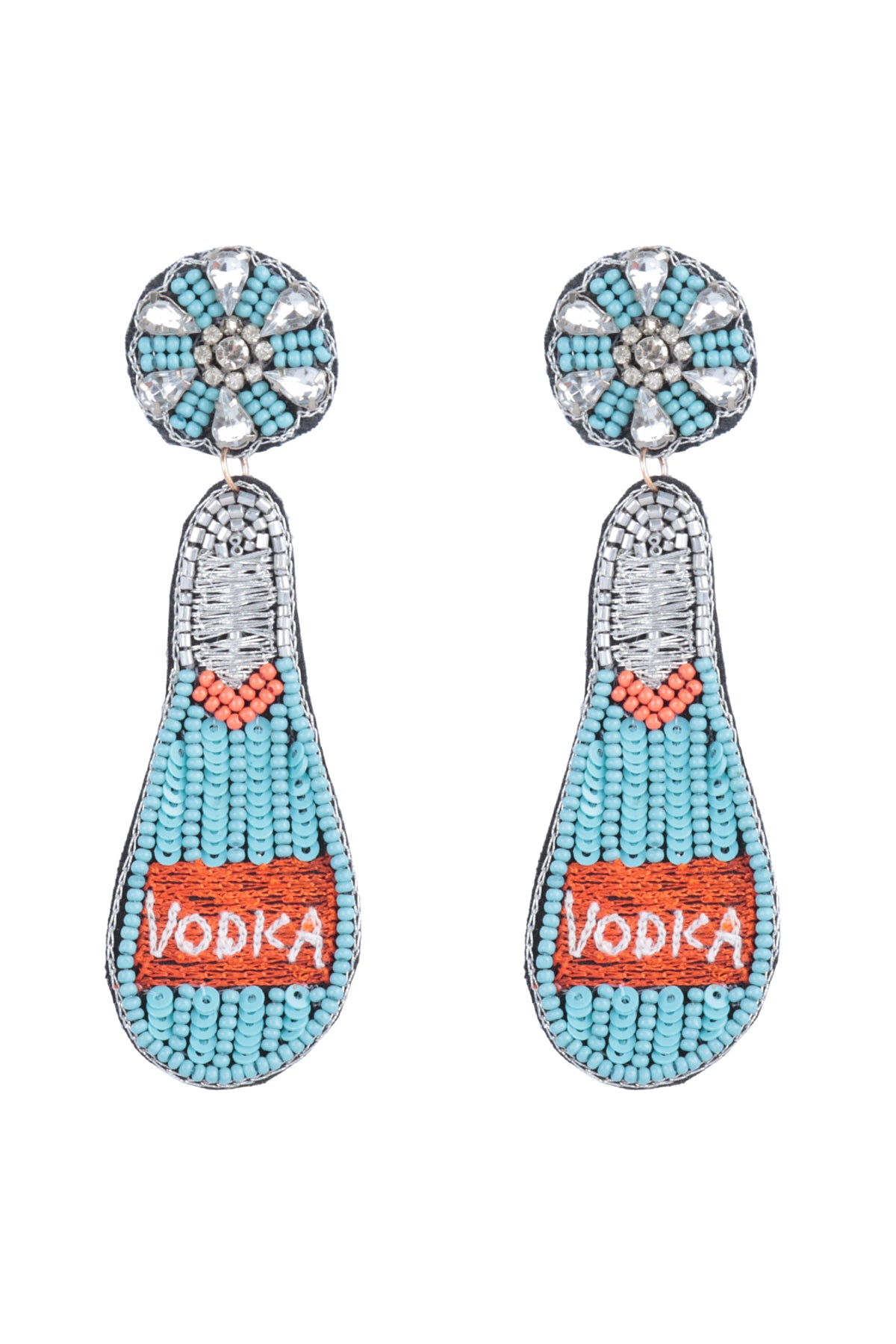 Vodka Bottle Seed Bead W/Rhinestone Drop Earrings Blue