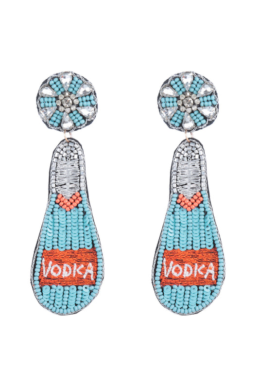 Vodka Bottle Seed Bead W/Rhinestone Drop Earrings Blue