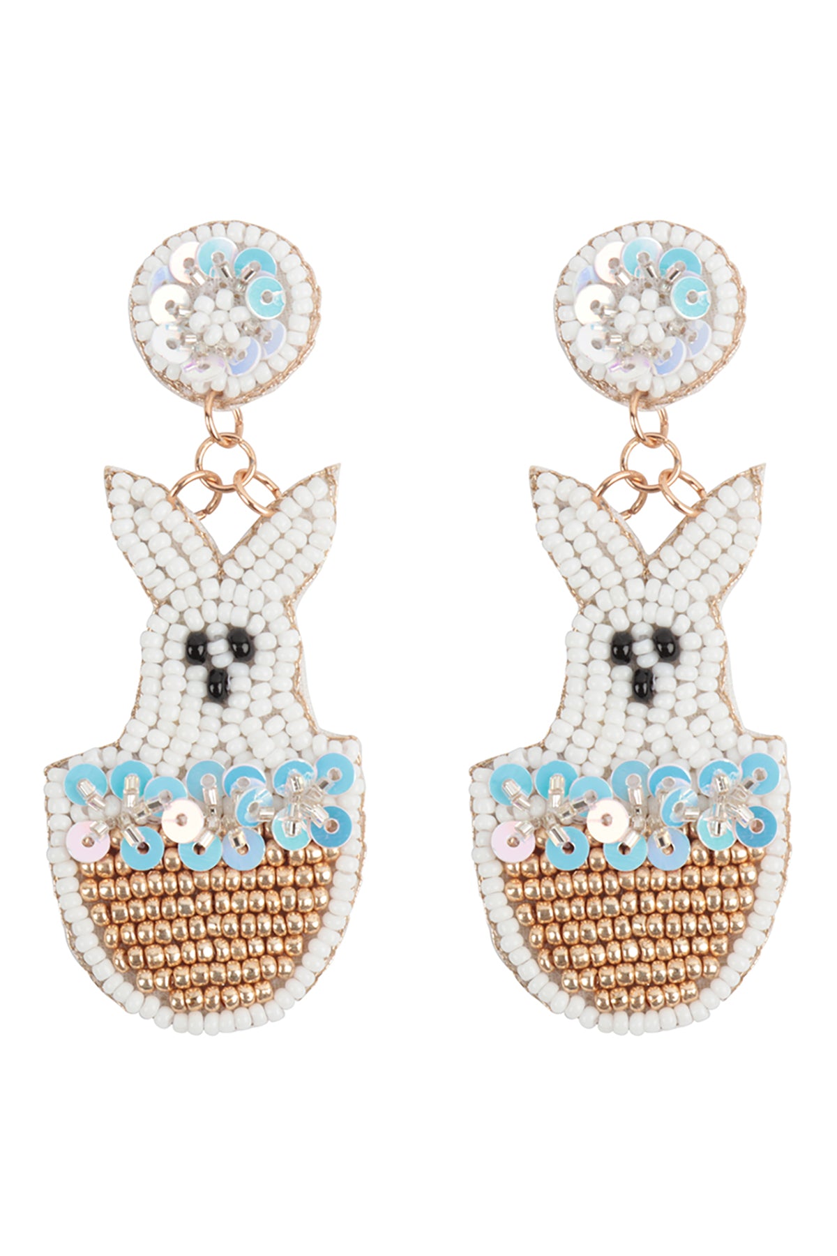 Easter Rabbit Basket Seed Bead Drop Earrings White Multicolor