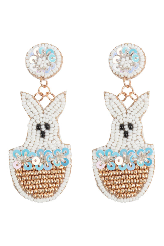 Easter Rabbit Basket Seed Bead Drop Earrings White Multicolor