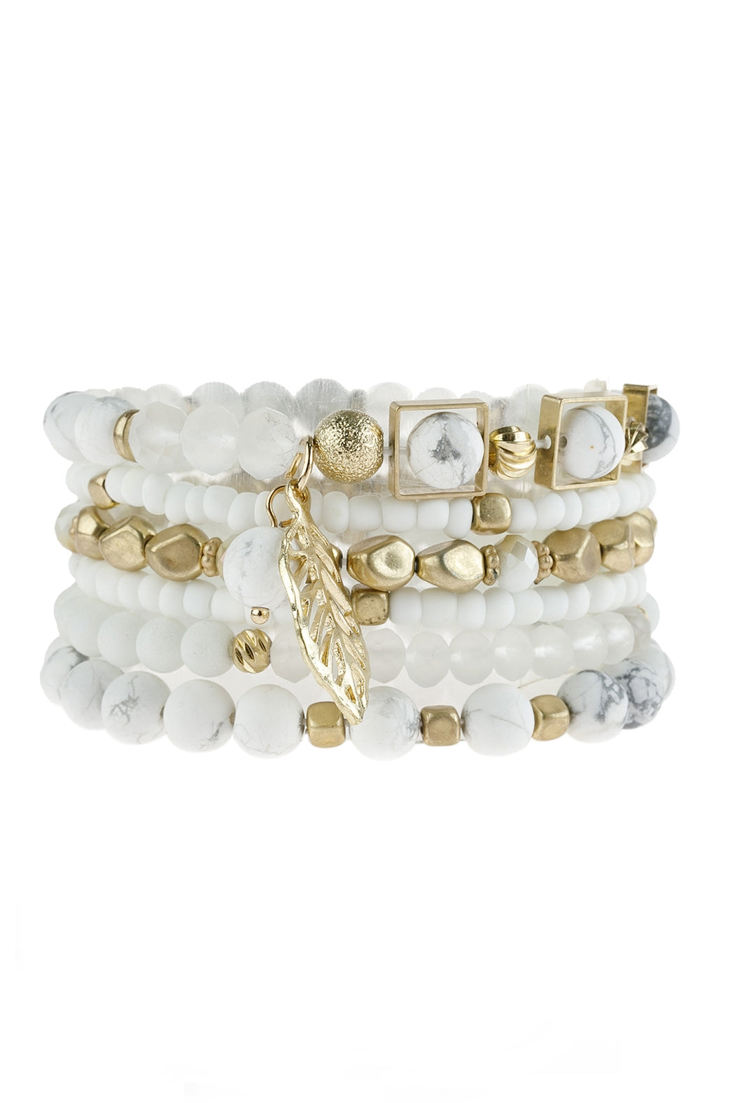 Natural Stone Mixed Beads Leaf Charm Bracelet