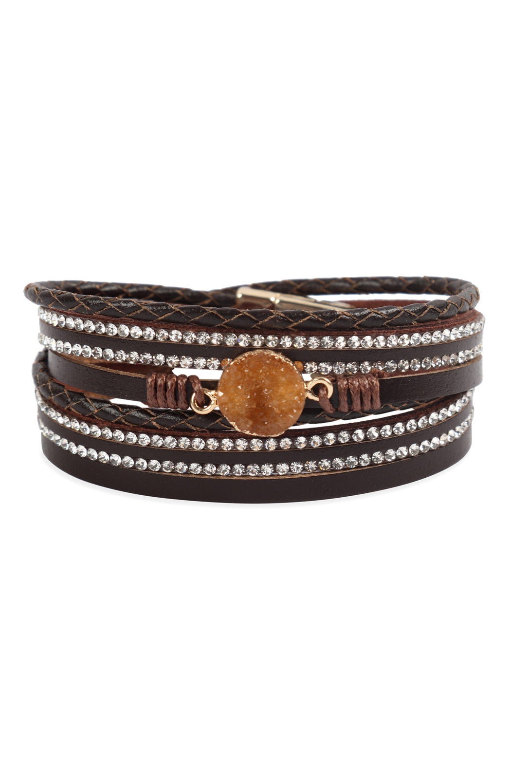 Druzy Rhinestone Leather Wrap Magnetic Bracelet