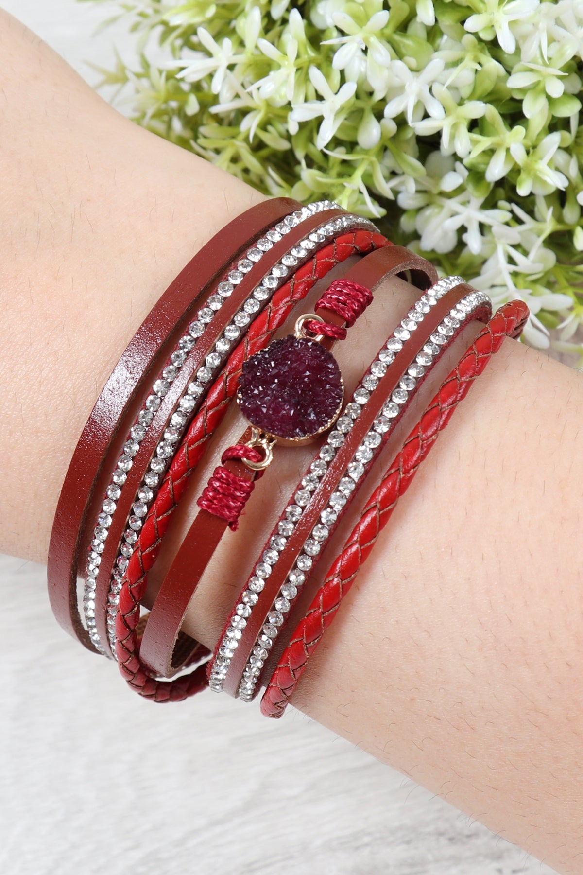 Druzy Rhinestone Leather Wrap Magnetic Bracelet