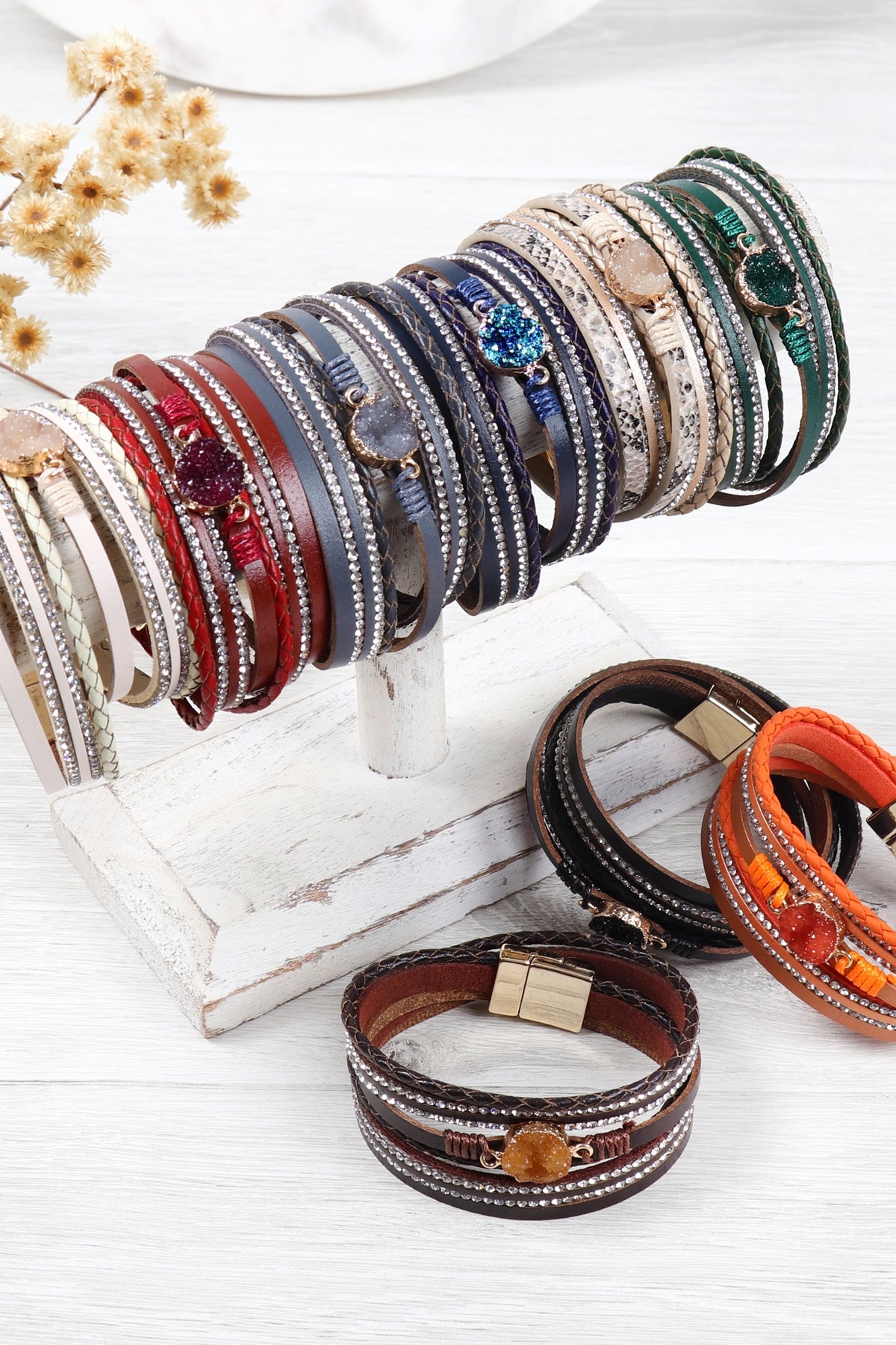 Druzy Rhinestone Leather Wrap Magnetic Bracelet