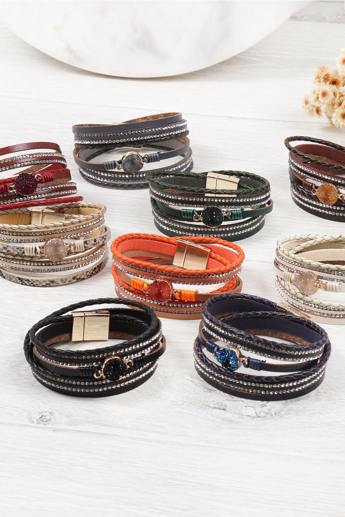 Druzy Rhinestone Leather Wrap Magnetic Bracelet