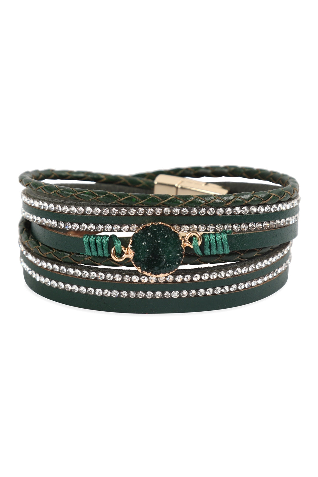 Druzy Rhinestone Leather Wrap Magnetic Bracelet