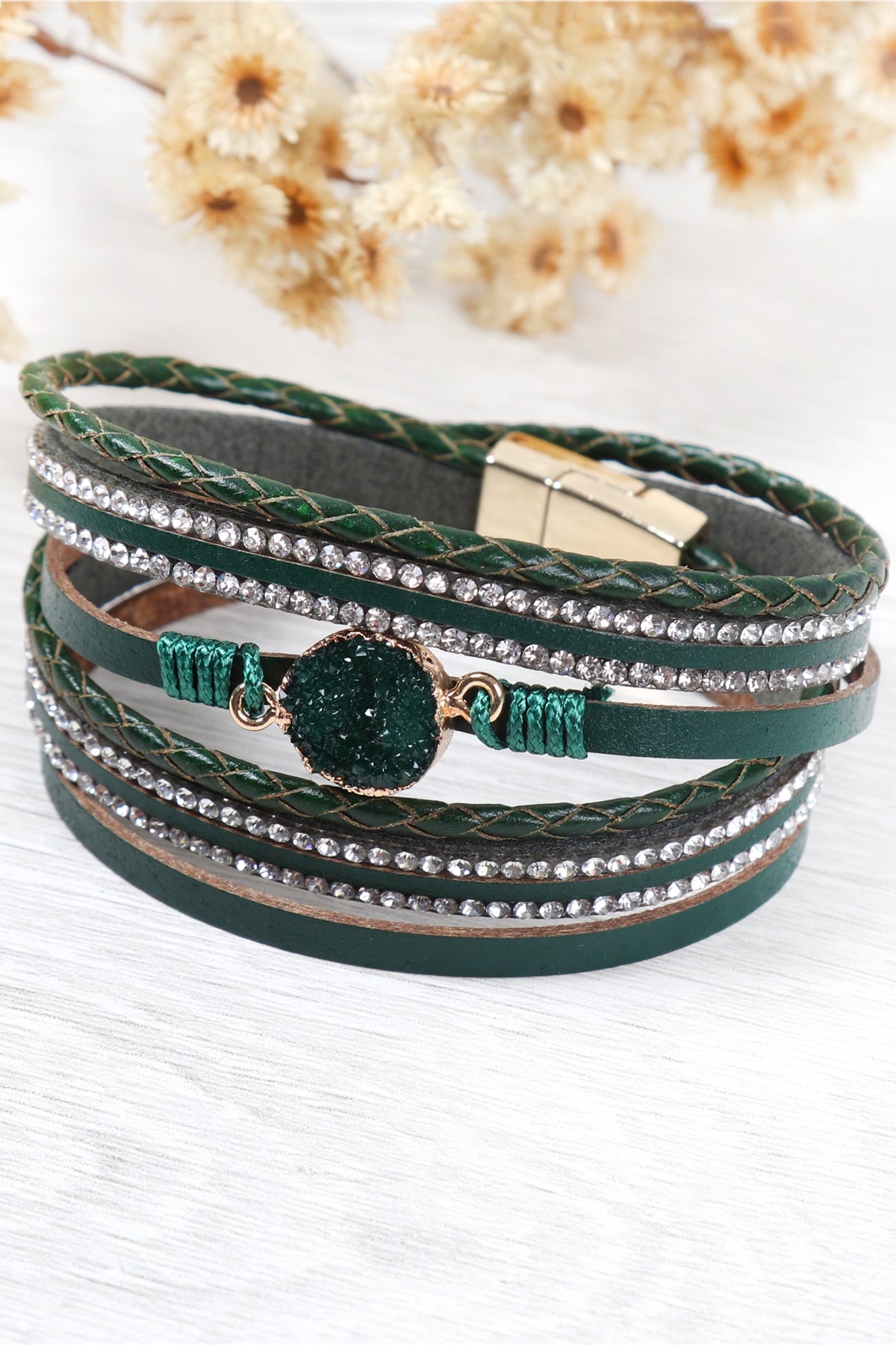 Druzy Rhinestone Leather Wrap Magnetic Bracelet