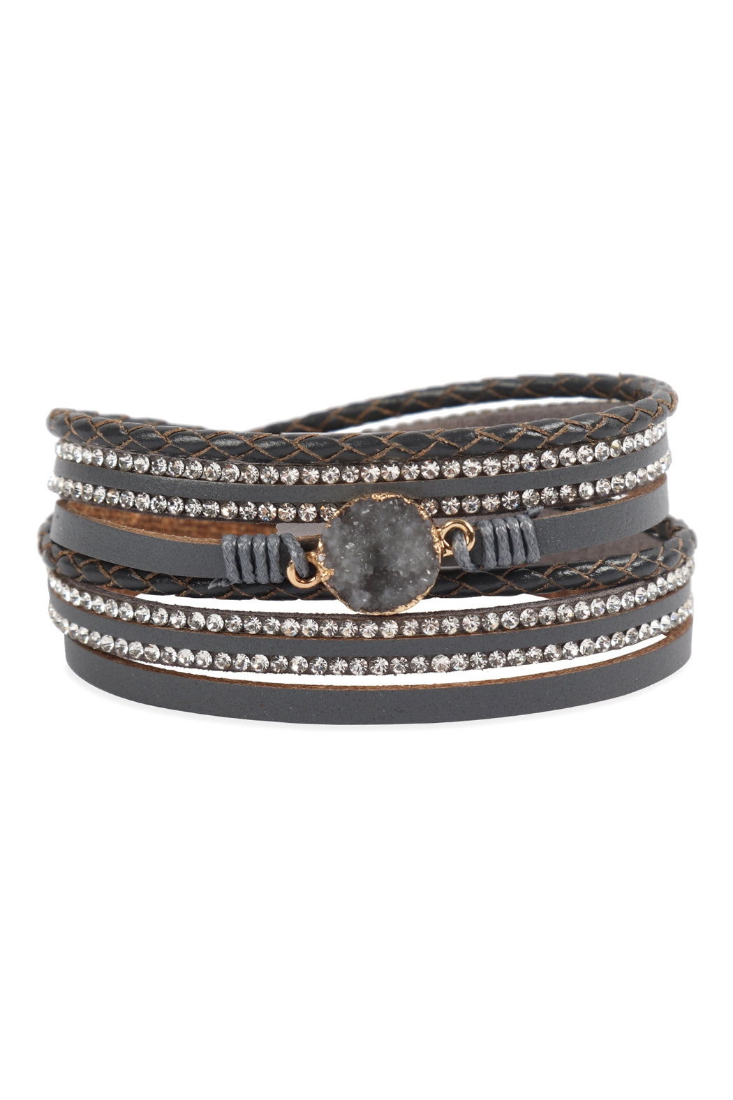 Druzy Rhinestone Leather Wrap Magnetic Bracelet