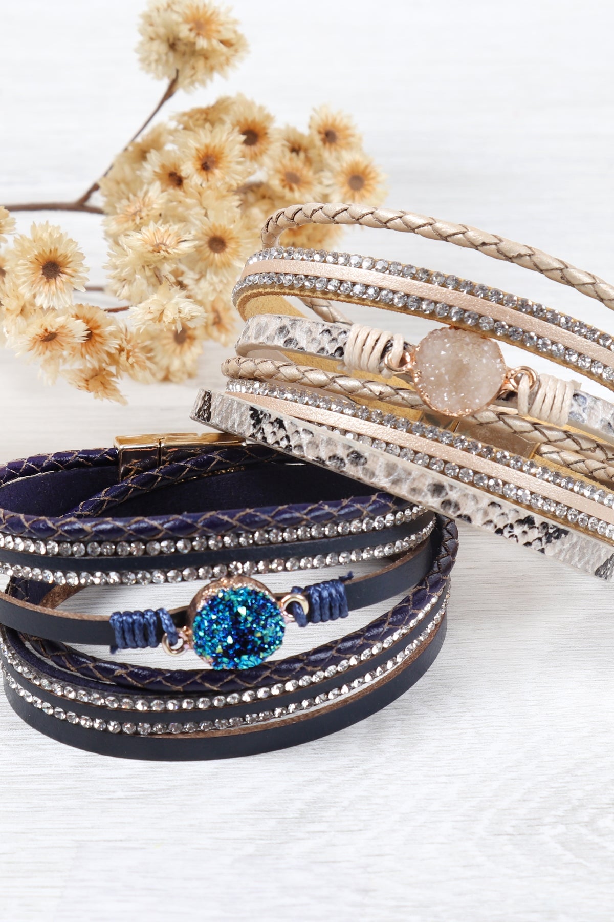 Druzy Rhinestone Leather Wrap Magnetic Bracelet