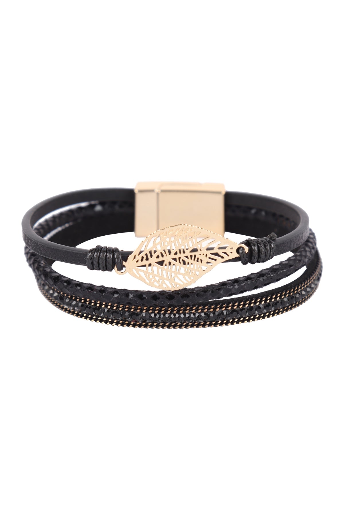 Leather Wrap Magnetic Lock w/ Leaf Filigree Bracelet