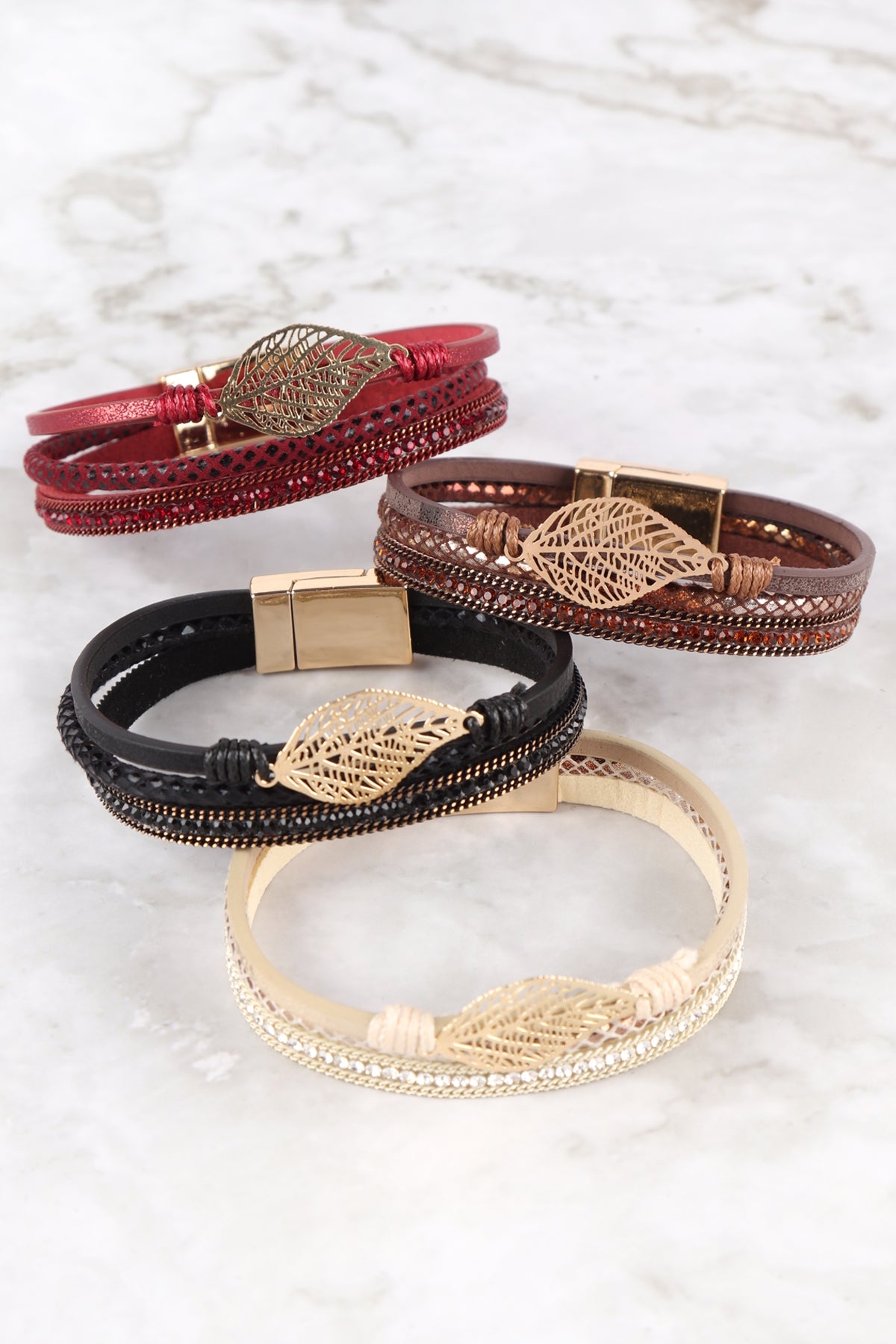Leather Wrap Magnetic Lock w/ Leaf Filigree Bracelet