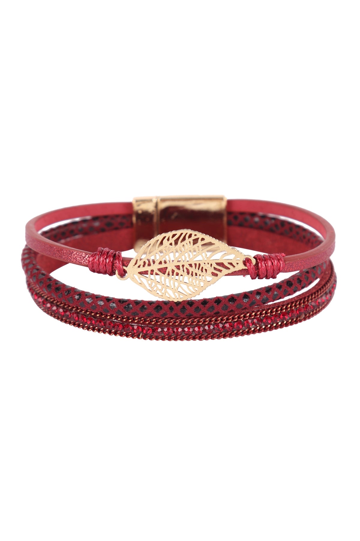 Leather Wrap Magnetic Lock w/ Leaf Filigree Bracelet