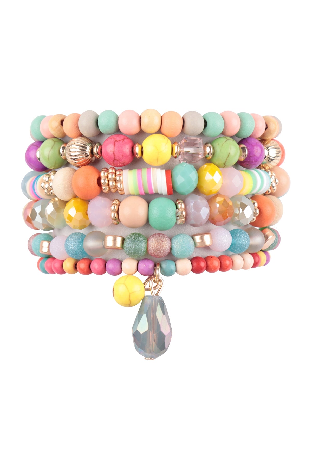 Mix Beads Natural Stone Wood Charm Stretch Bracelet