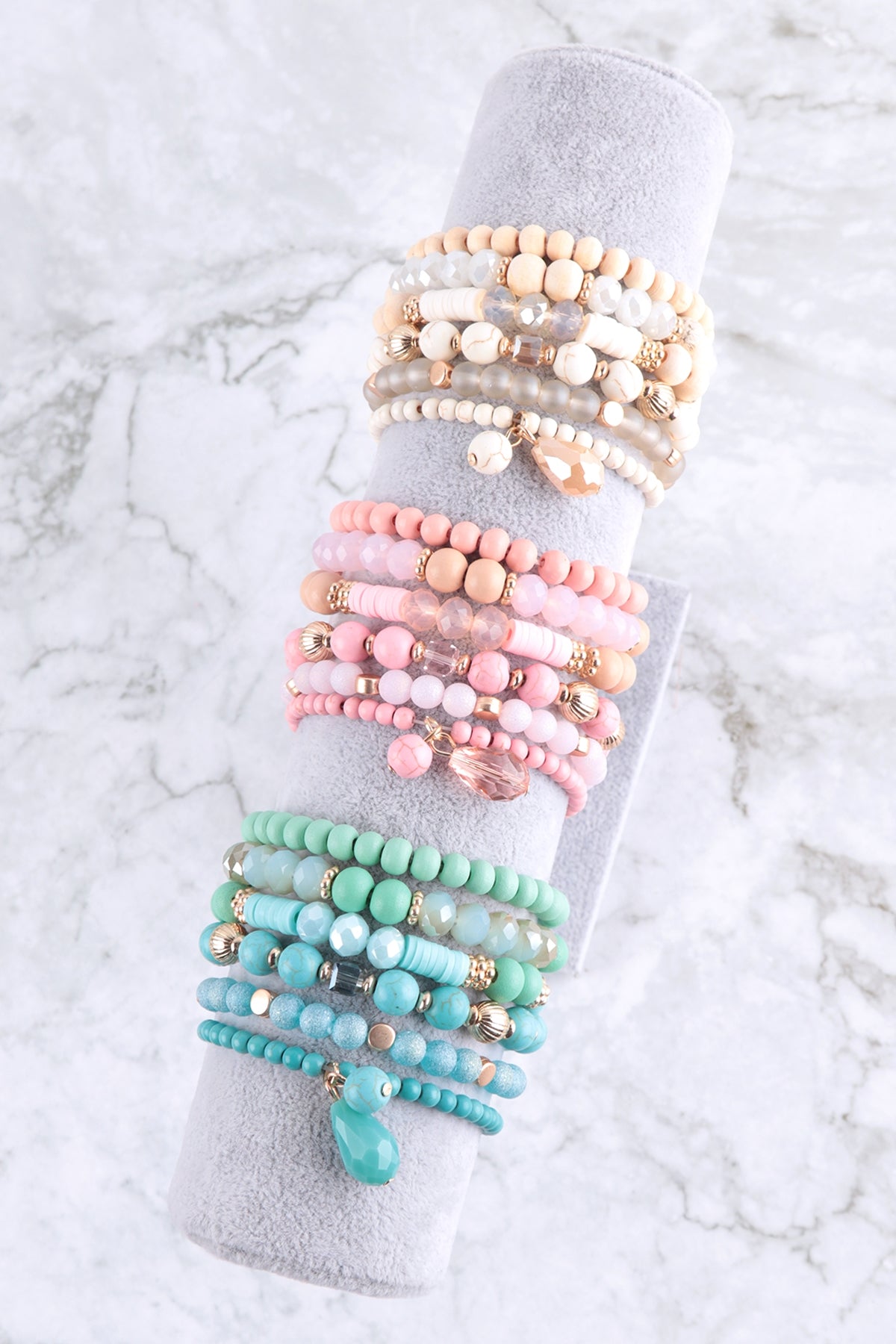 Mix Beads Natural Stone Wood Charm Stretch Bracelet