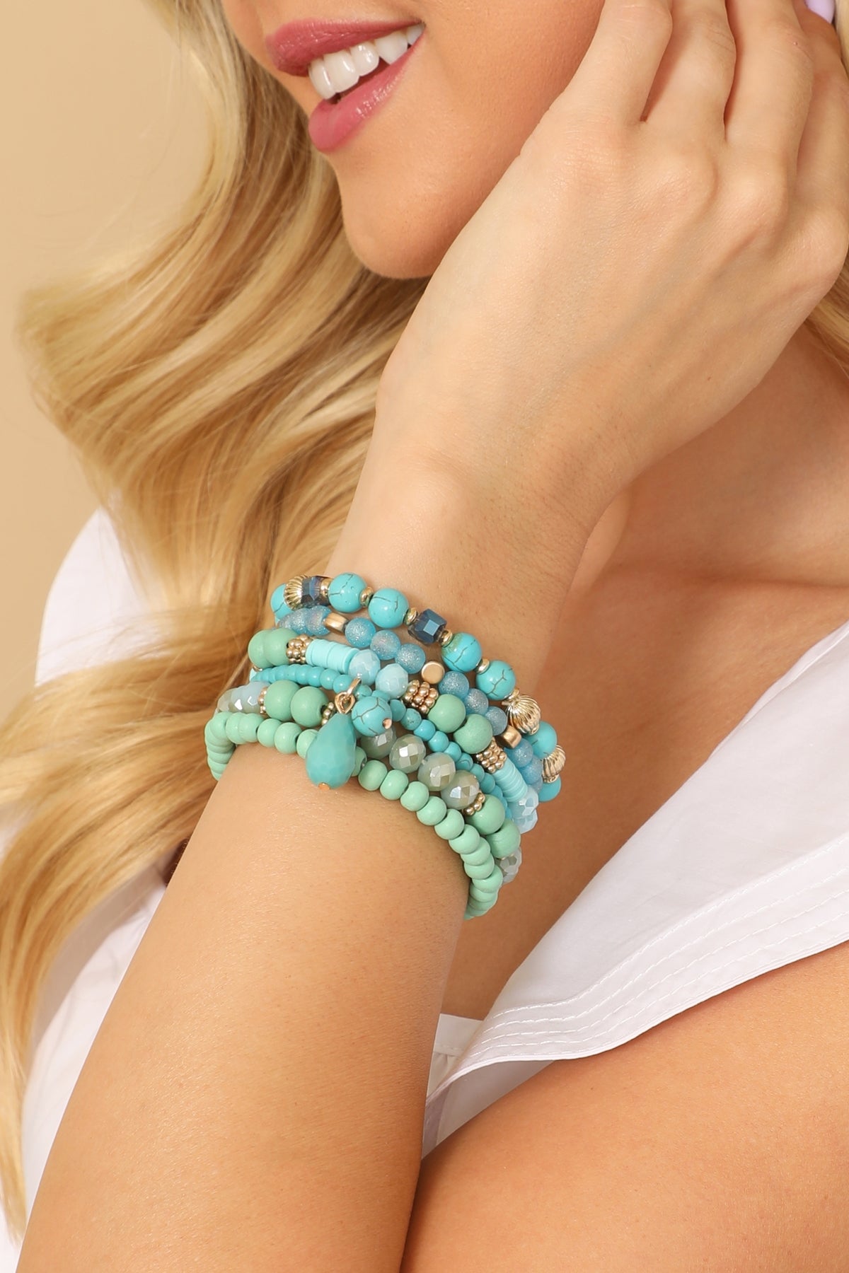 Mix Beads Natural Stone Wood Charm Stretch Bracelet