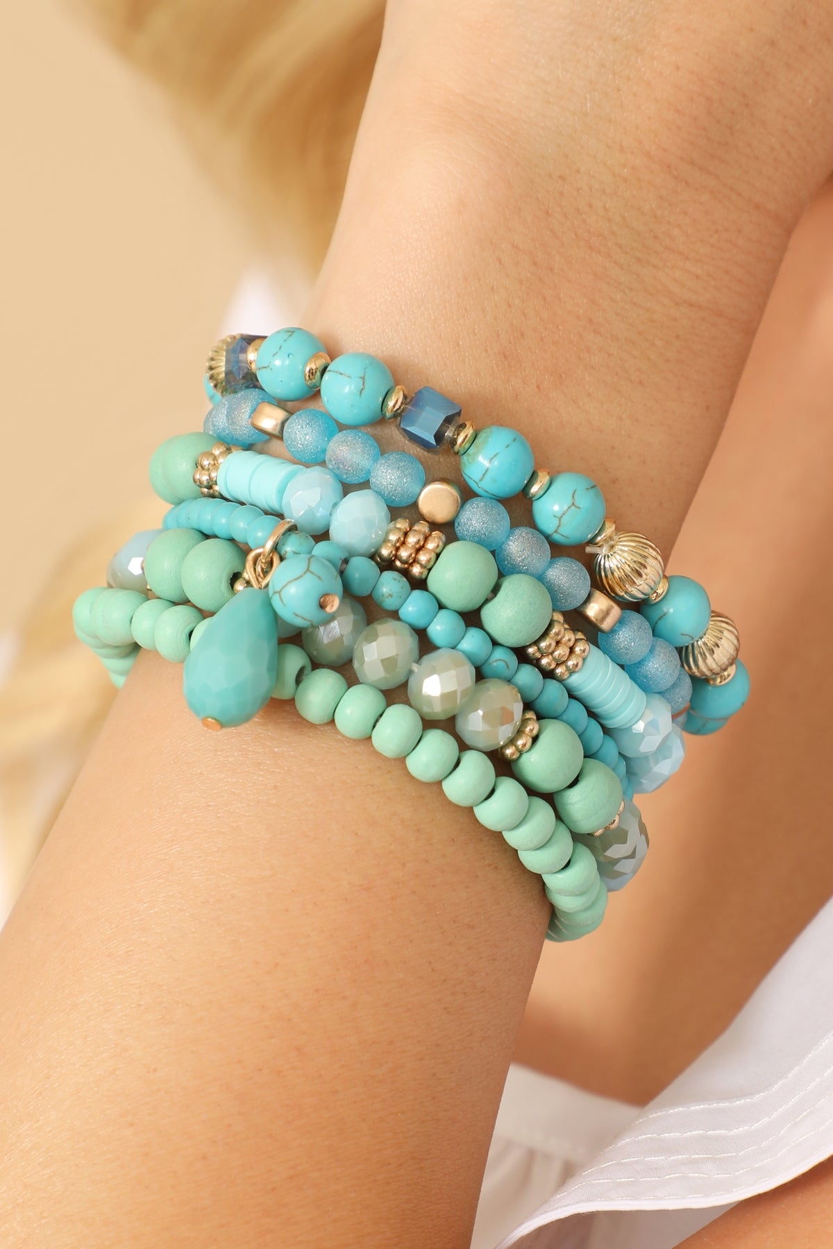 Mix Beads Natural Stone Wood Charm Stretch Bracelet