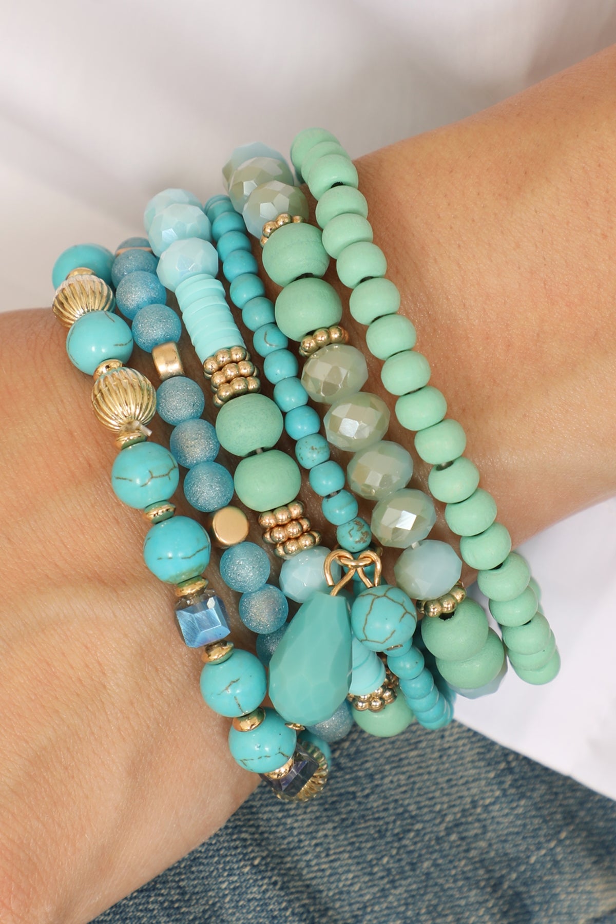 Mix Beads Natural Stone Wood Charm Stretch Bracelet