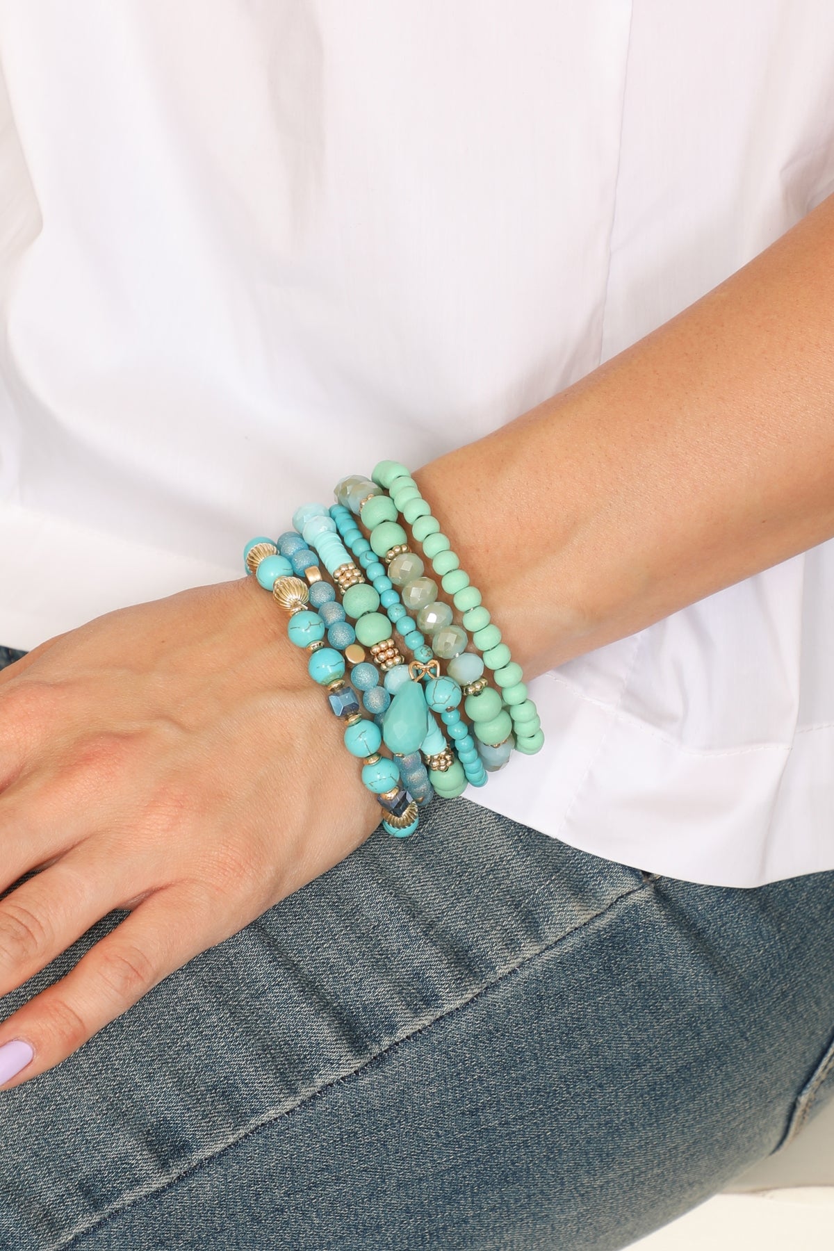 Mix Beads Natural Stone Wood Charm Stretch Bracelet
