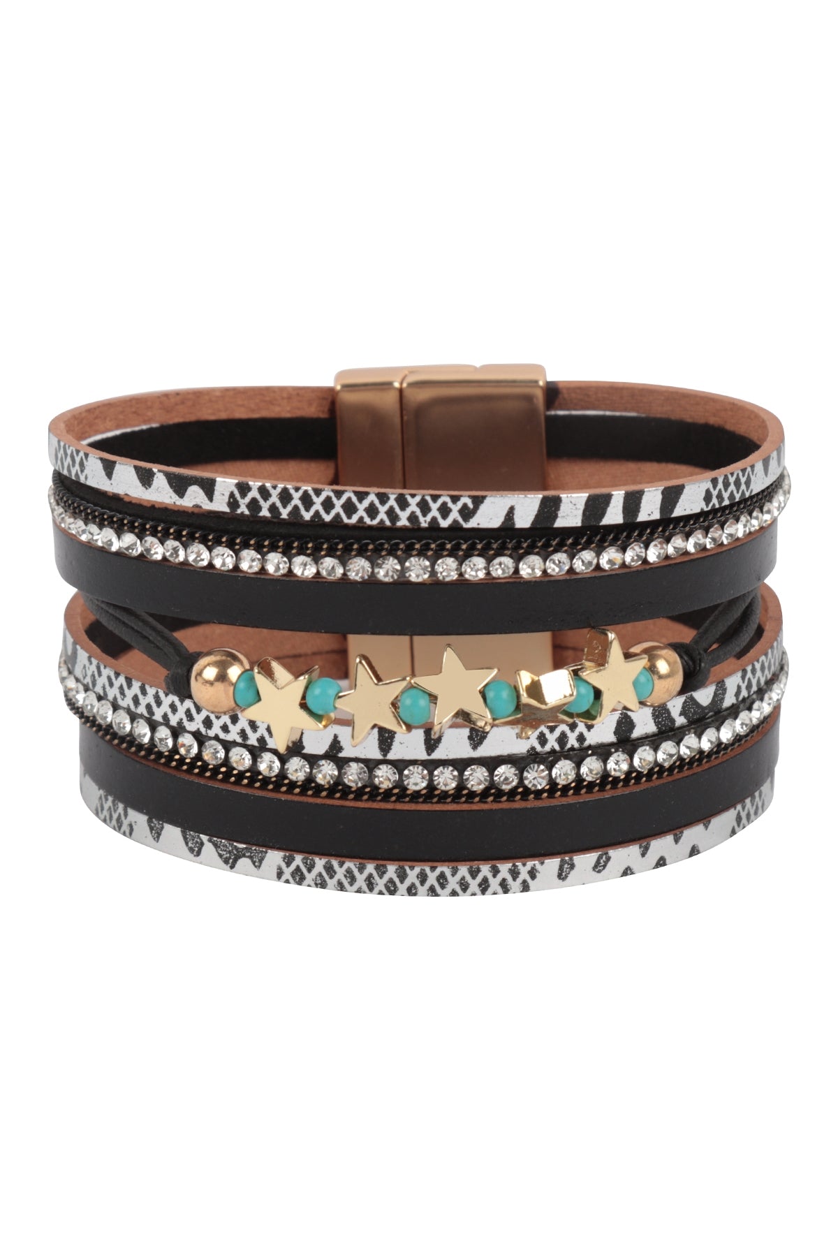 Snake Print Leather Wrap with Star Magnetic Lock Bracelet
