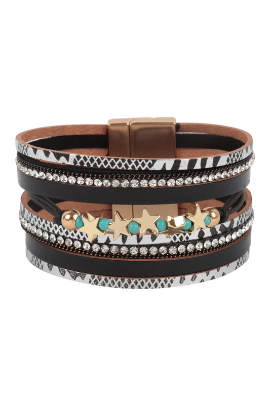 Snake Print Leather Wrap with Star Magnetic Lock Bracelet