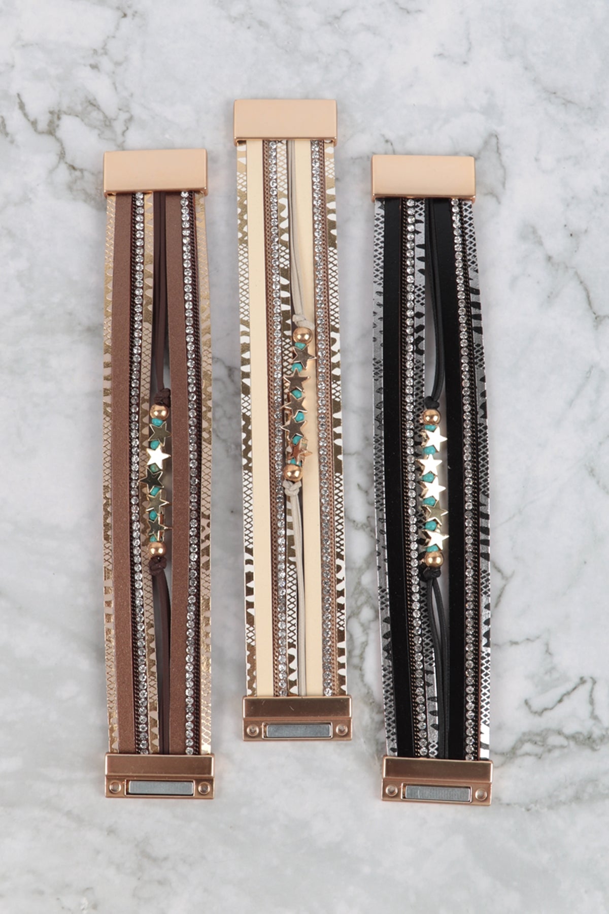 Snake Print Leather Wrap with Star Magnetic Lock Bracelet