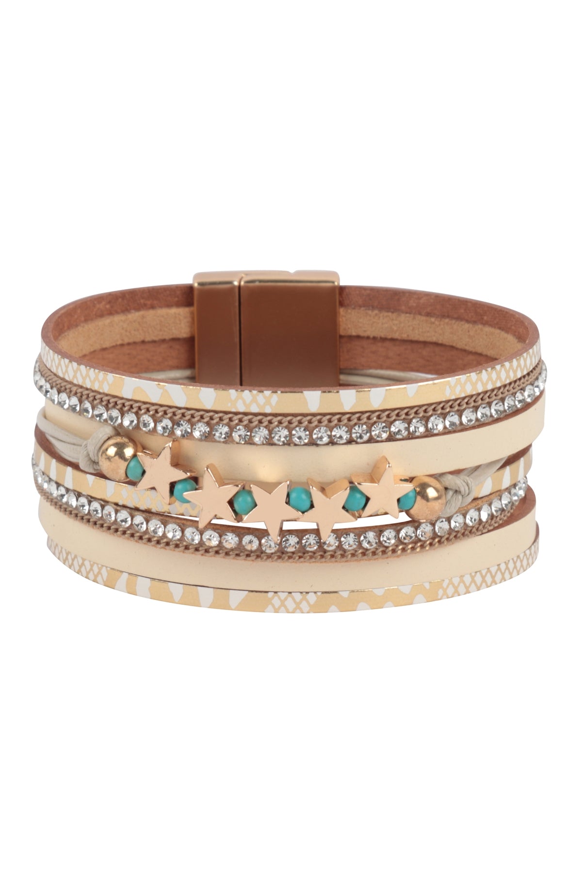 Snake Print Leather Wrap with Star Magnetic Lock Bracelet