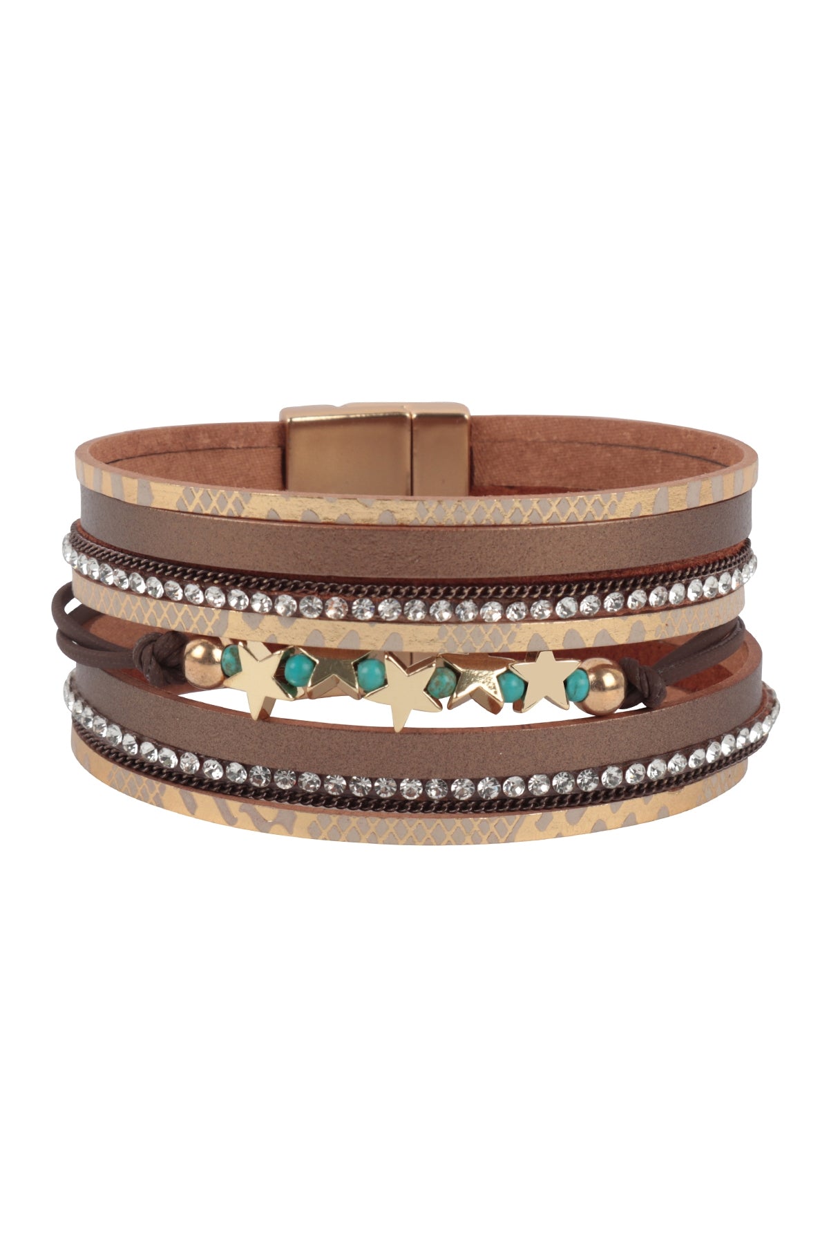 Snake Print Leather Wrap with Star Magnetic Lock Bracelet