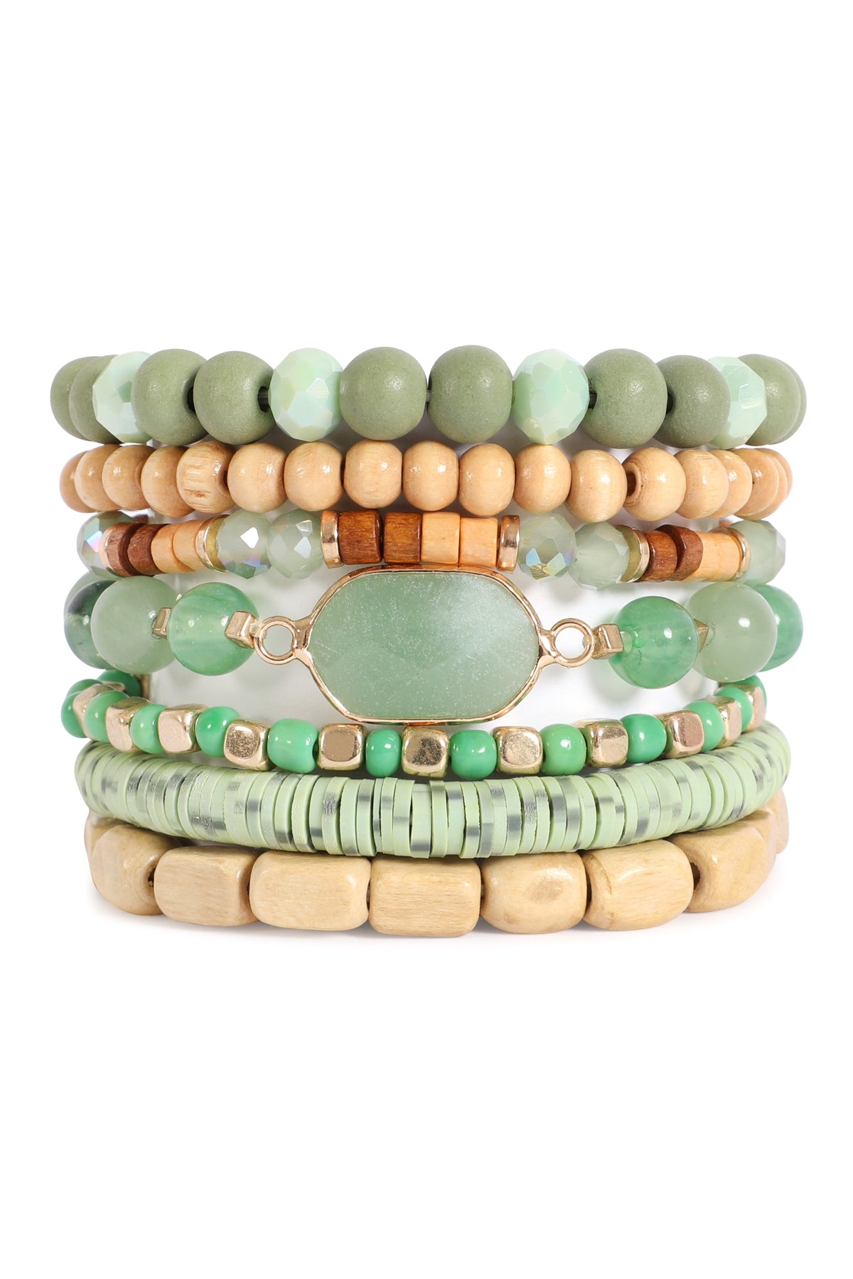 Charm Layered Wood, Fimo, Rondelle Mix Beads Stackable Bracelet