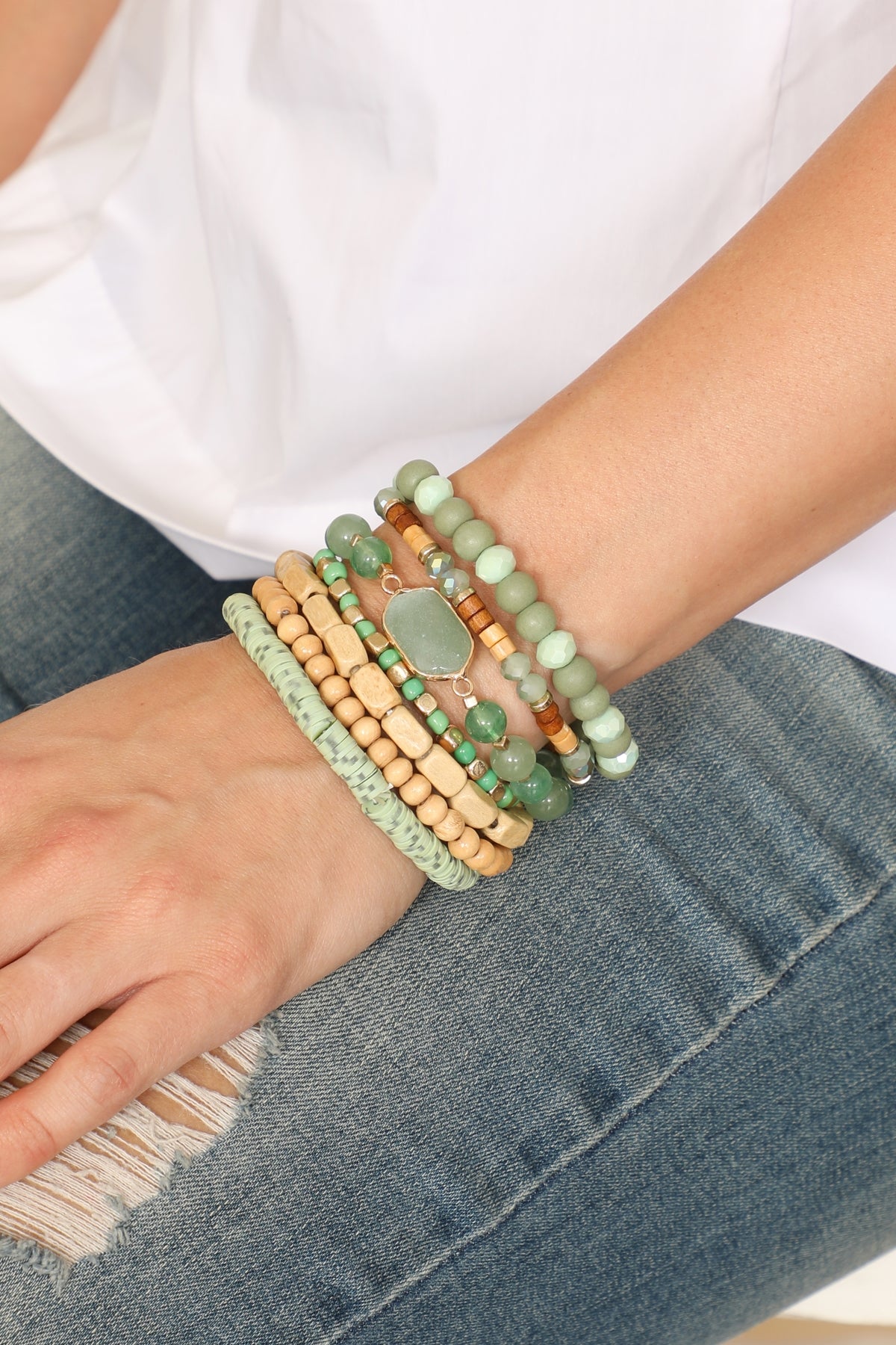 Charm Layered Wood, Fimo, Rondelle Mix Beads Stackable Bracelet