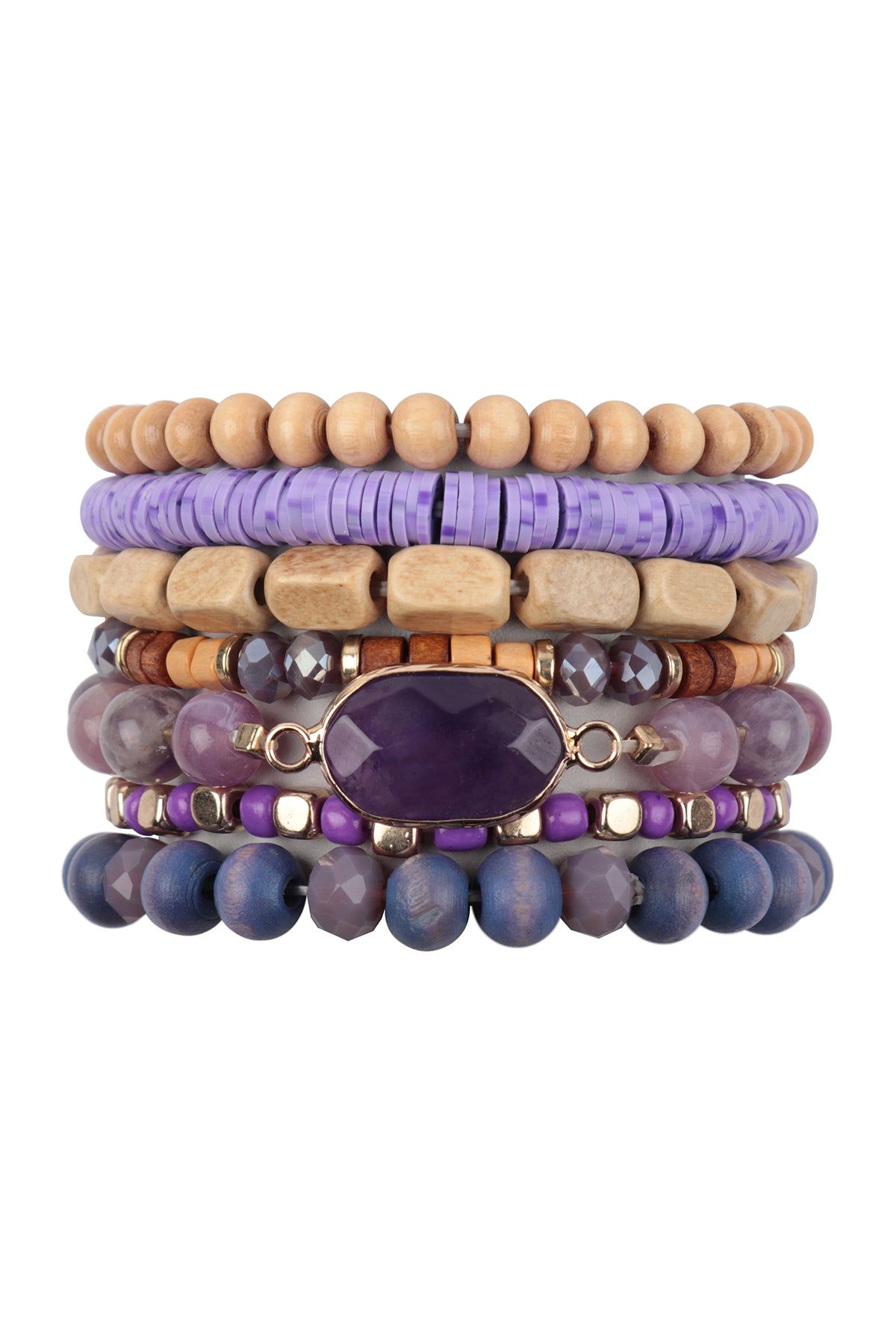 Charm Layered Wood, Fimo, Rondelle Mix Beads Stackable Bracelet
