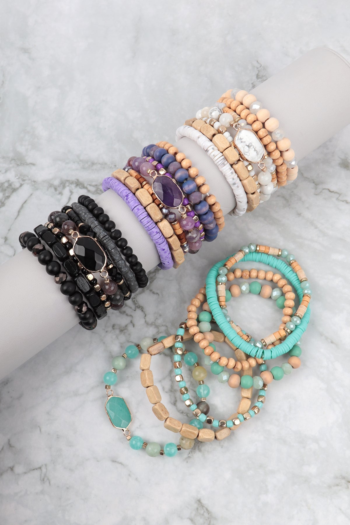 Charm Layered Wood, Fimo, Rondelle Mix Beads Stackable Bracelet