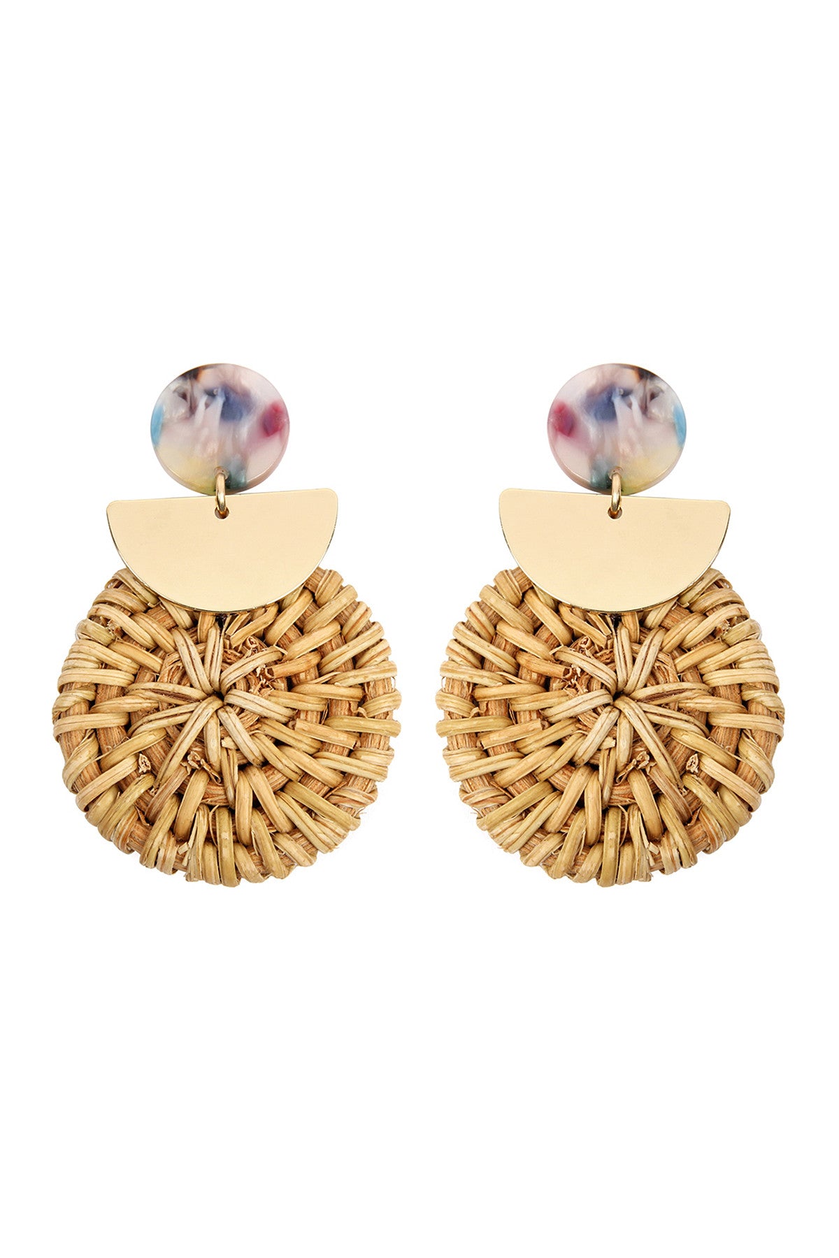 Multi Color Resin With Drop Rattan Ornament Post Earrings