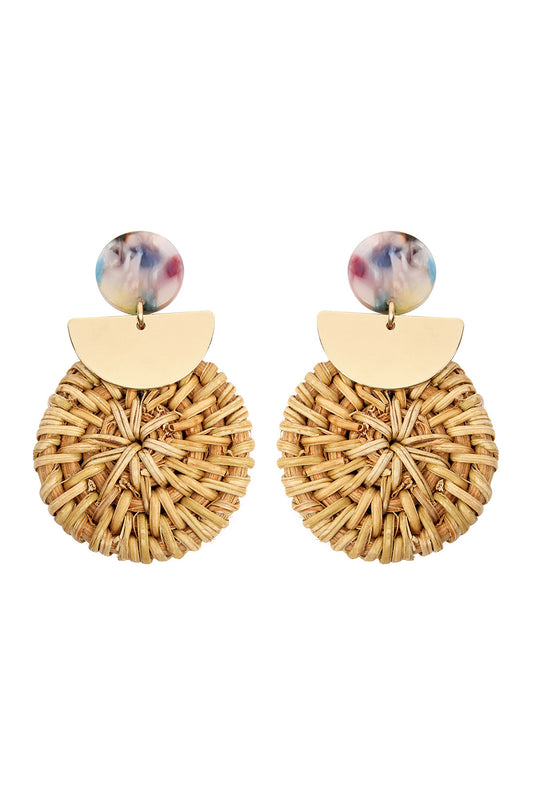 Multi Color Resin With Drop Rattan Ornament Post Earrings