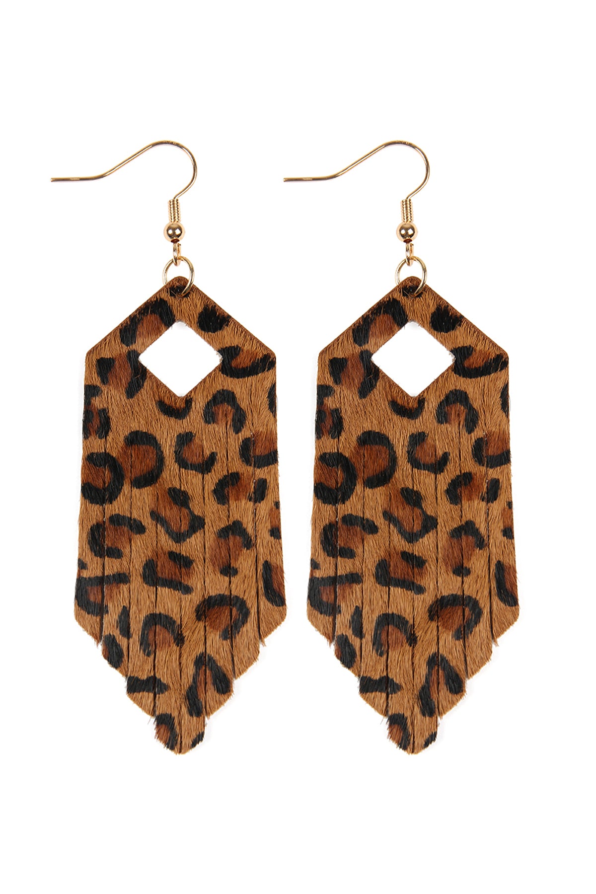 Brown Fringe Hexagon Leopard Leather Hook Earrings