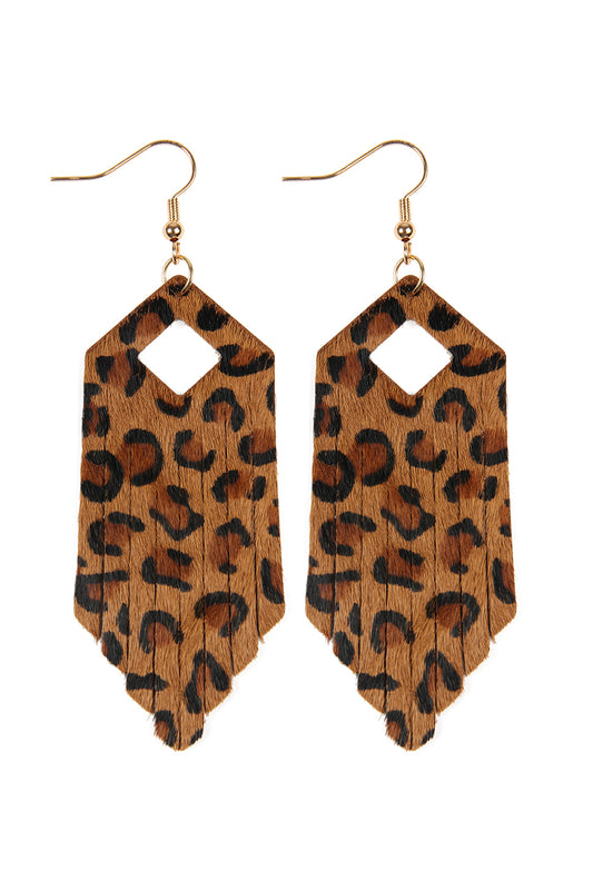Brown Fringe Hexagon Leopard Leather Hook Earrings