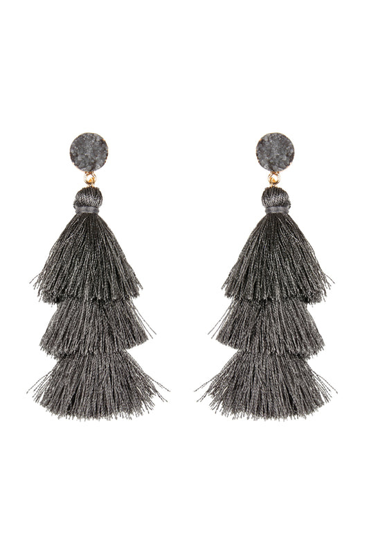 Gray Druzy Post Tassel Drop Earrings