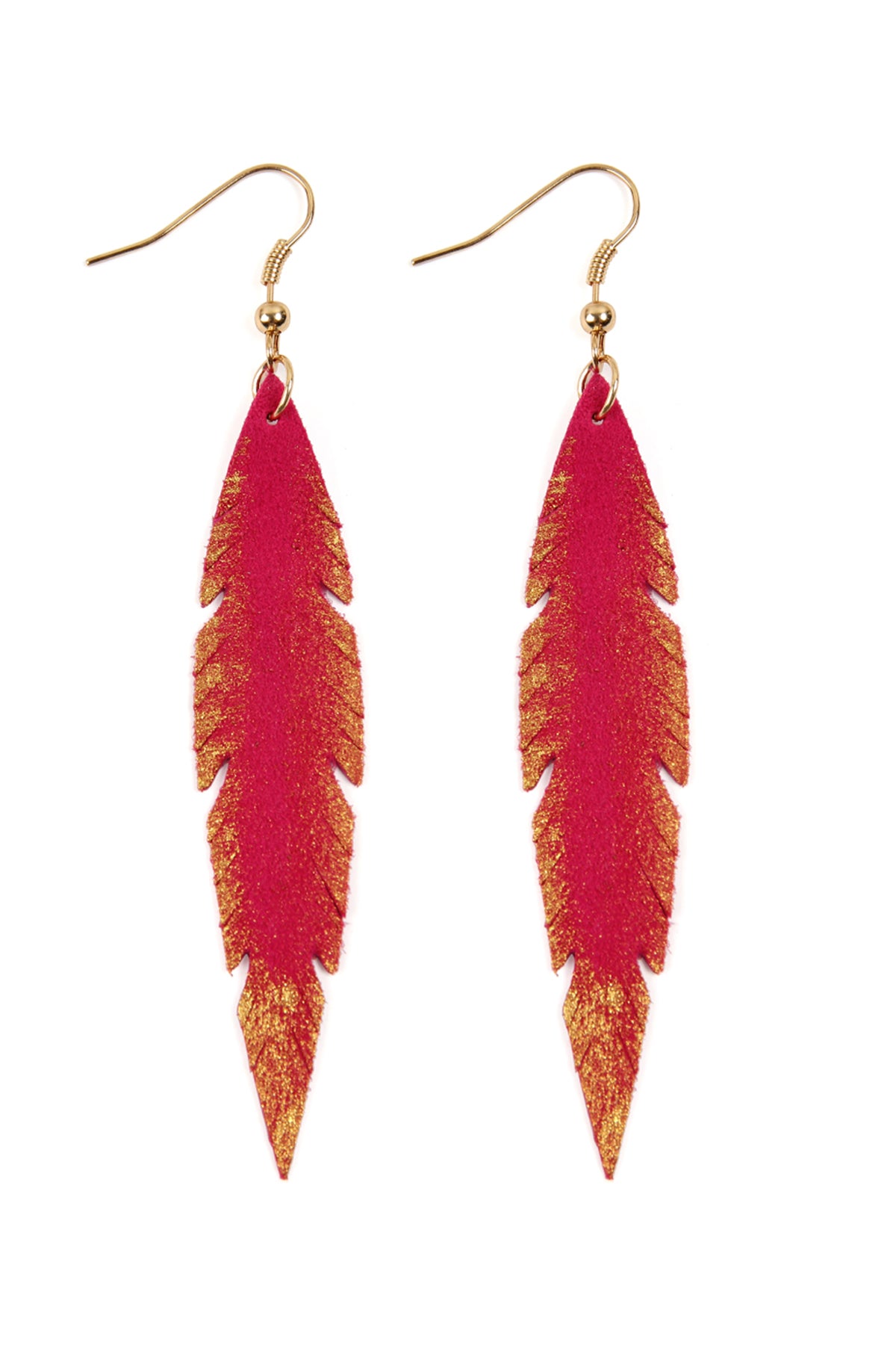 Grunge Feather Shape Leather Earrings Fuchsia
