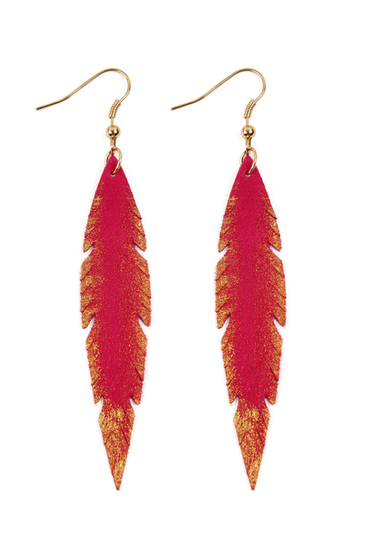 Grunge Feather Shape Leather Earrings Fuchsia