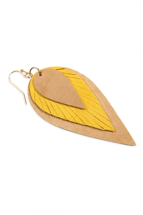 Mustard 3 Layers Leather Reverse Teardrop Earrings