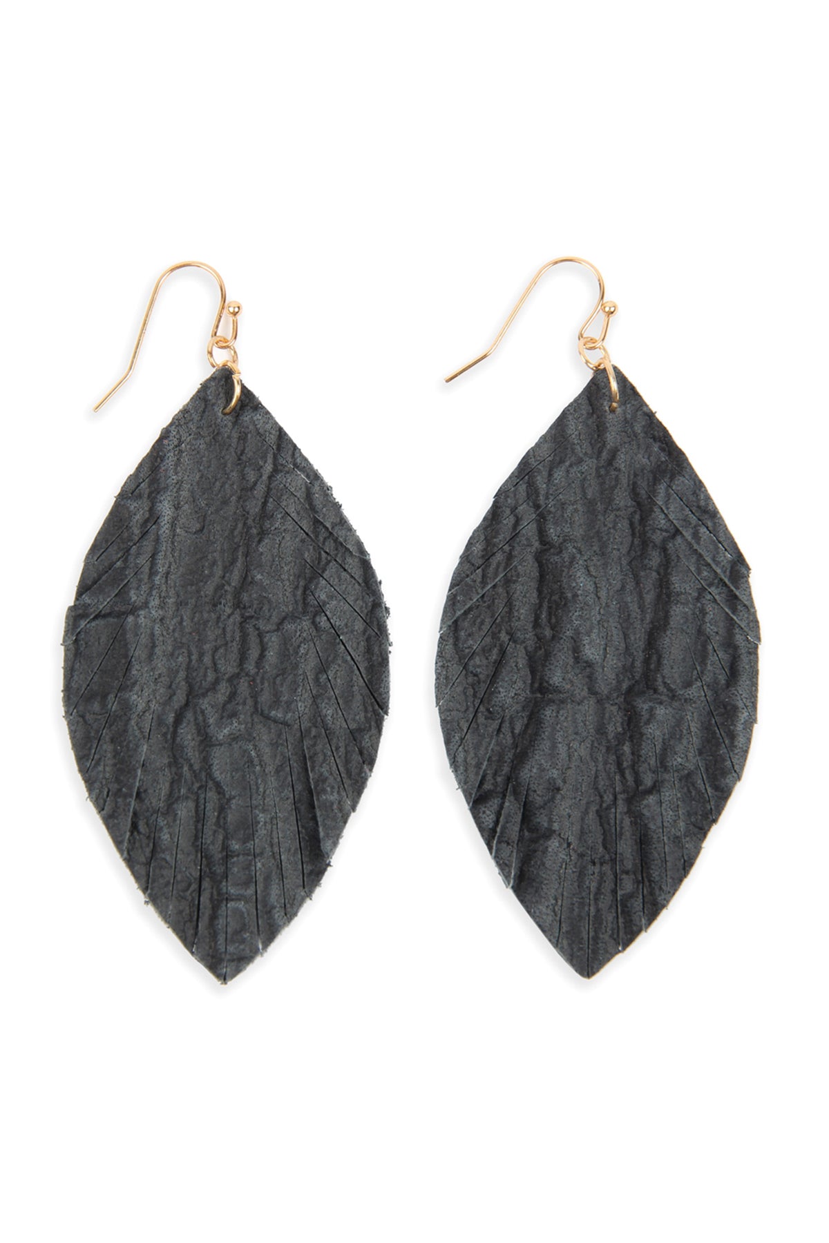 Black Fringed Crumpled Marquise Leather Earrings / 1PC