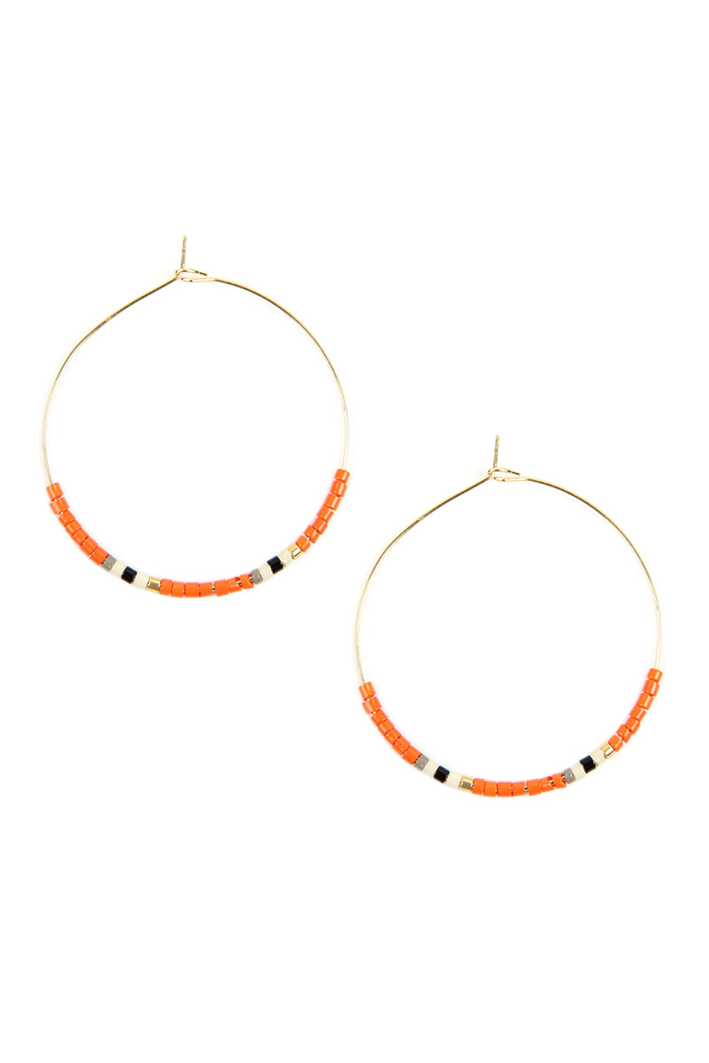 Coral Seed Beaded Hoop Earrings