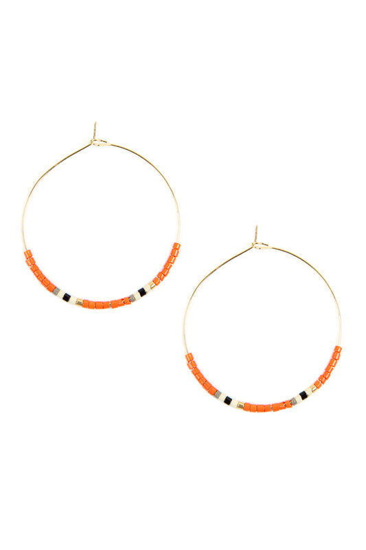 Coral Seed Beaded Hoop Earrings