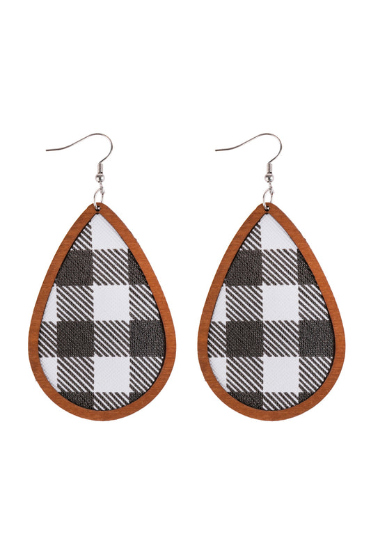 Black Brown Plaid Wood Frame Teardrop Earrings /6Pairs
