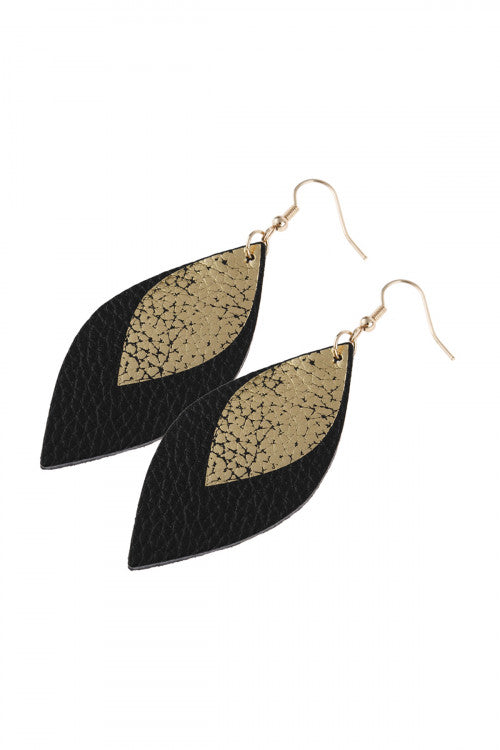 Black Marquise Gold Leather Layered Drop Fish Hook Earrings