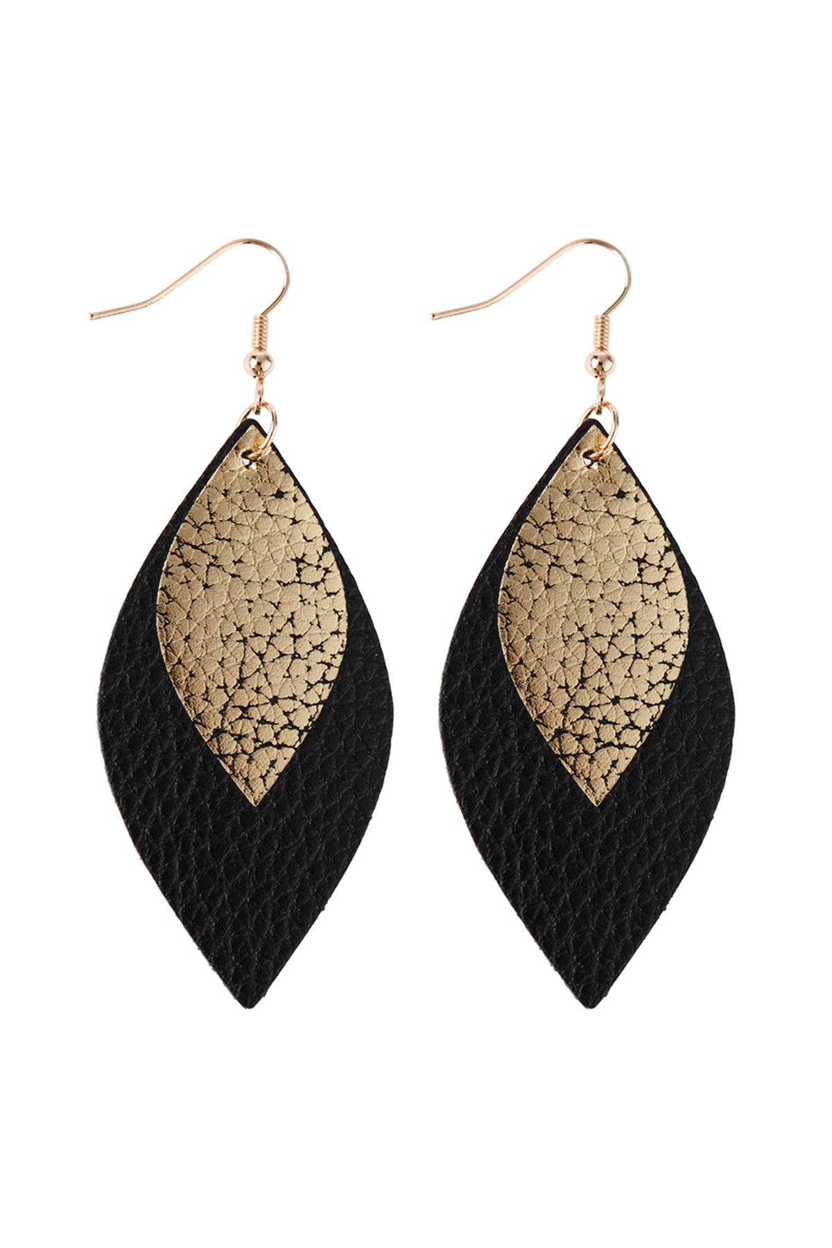 Black Marquise Gold Leather Layered Drop Fish Hook Earrings