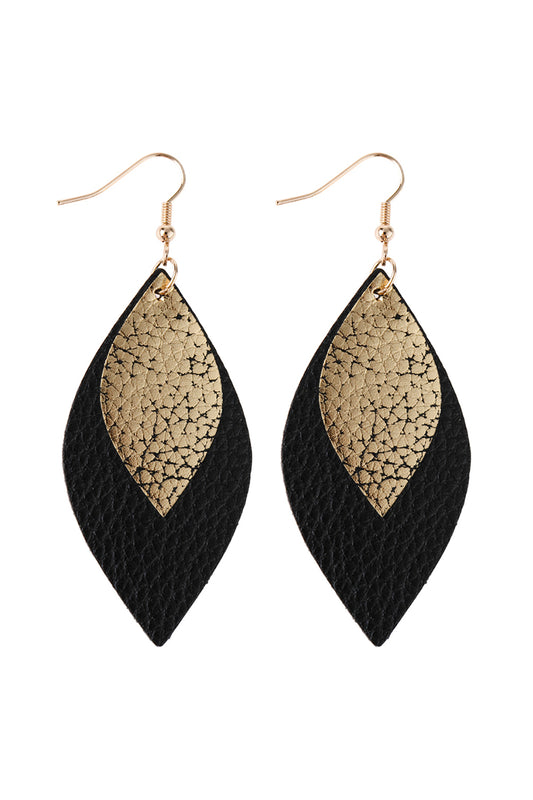 Black Marquise Gold Leather Layered Drop Fish Hook Earrings