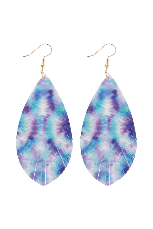 Abtract Blue Violet Printed Leather Tassel Hook Earrings