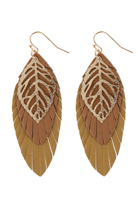 Leaf Layered Fringed Leather Earrings