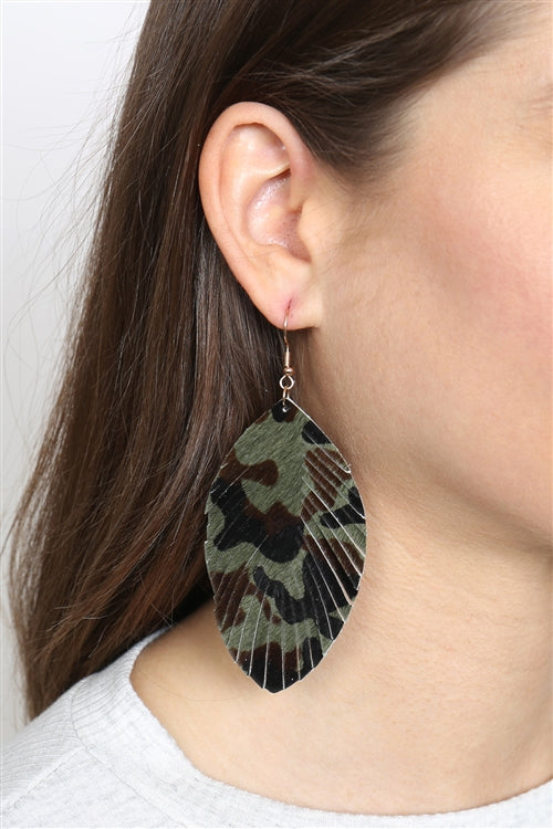 Fringed Leopard Leather Drop Earrings Camo