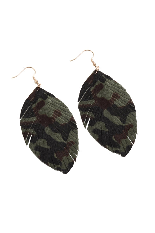 Fringed Leopard Leather Drop Earrings Camo